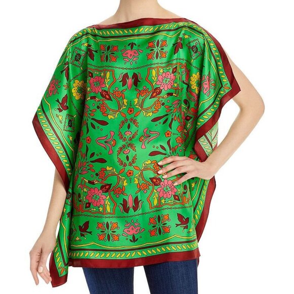 Tory Burch Green Scarf Floral Caftan Top Cover Up Tunic Folklore Folk Art XS - Picture 1 of 16